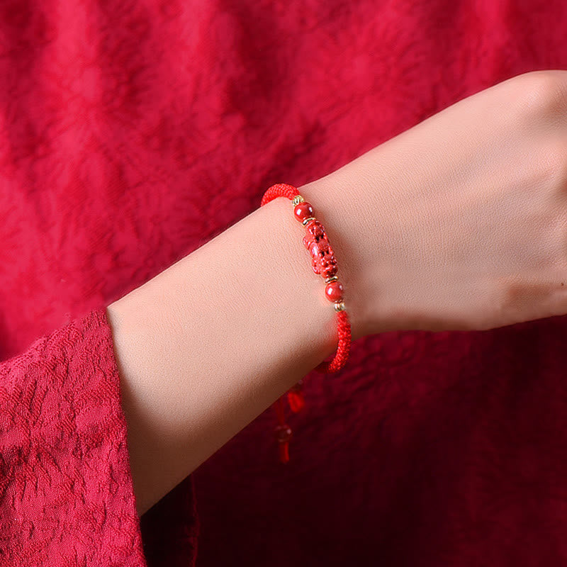 Handcrafted Pixiu Cinnabar Ruyi Stick Wealth Luck Braided Bracelet