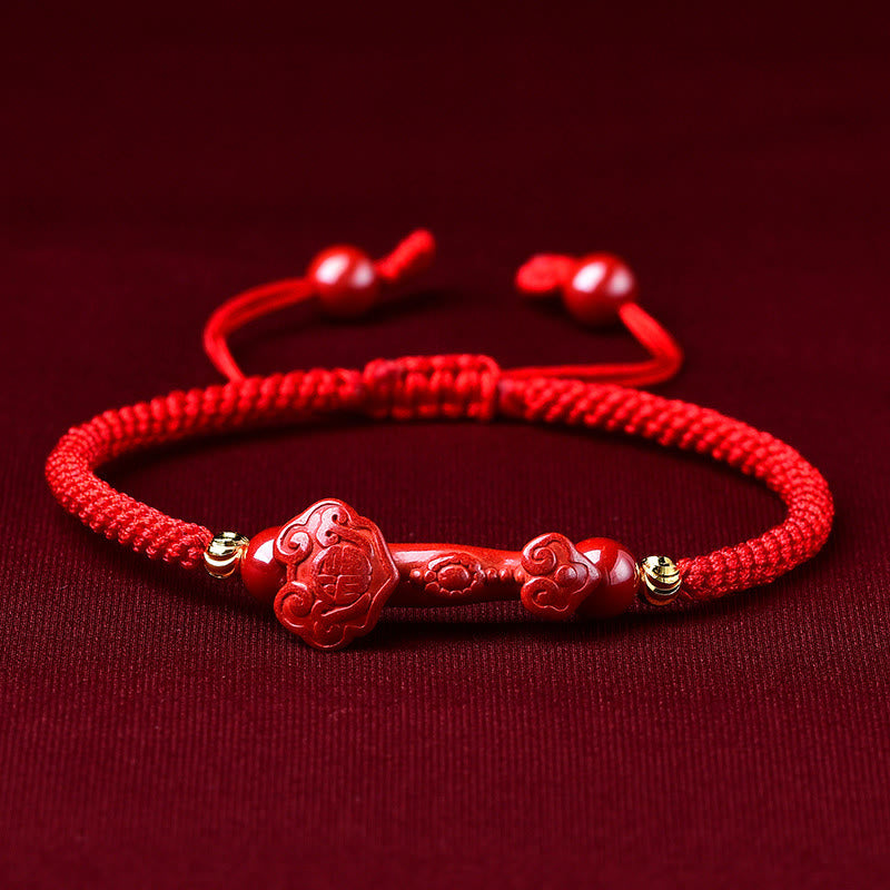Handcrafted Pixiu Cinnabar Ruyi Stick Wealth Luck Braided Bracelet