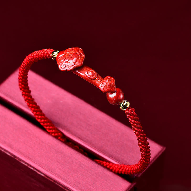 Handcrafted Pixiu Cinnabar Ruyi Stick Wealth Luck Braided Bracelet