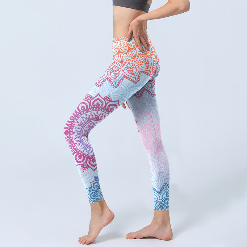 Pink Blue Mandala Flower Print Gym Leggings Women's Yoga Pants