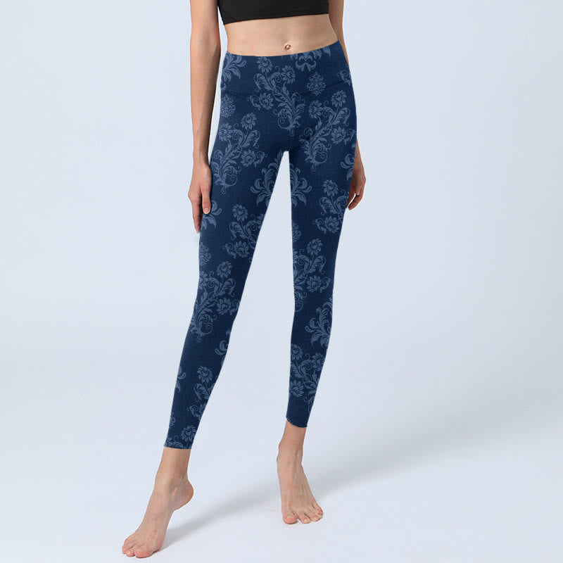 Blue Floral Leaf Print Gym Leggings Women's Yoga Pants