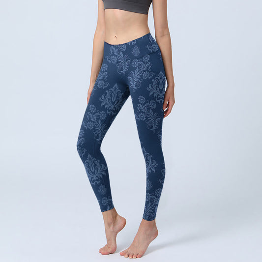 Blue Floral Leaf Print Gym Leggings Women's Yoga Pants