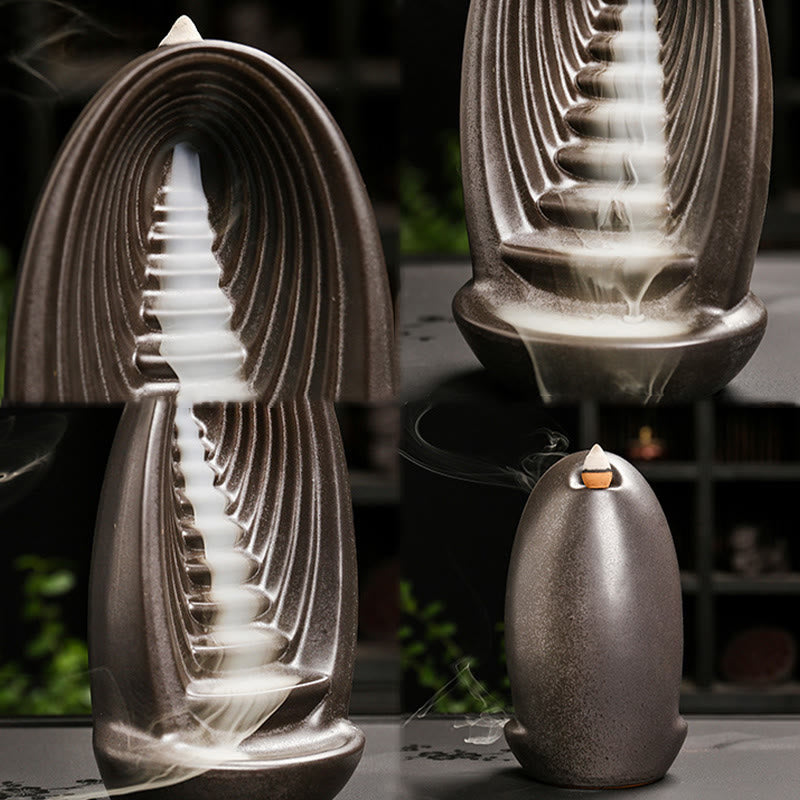 Stairs Mountains Water Buddha Hand Ceramic Backflow Smoke Fountain Meditation Incense Burner Decoration