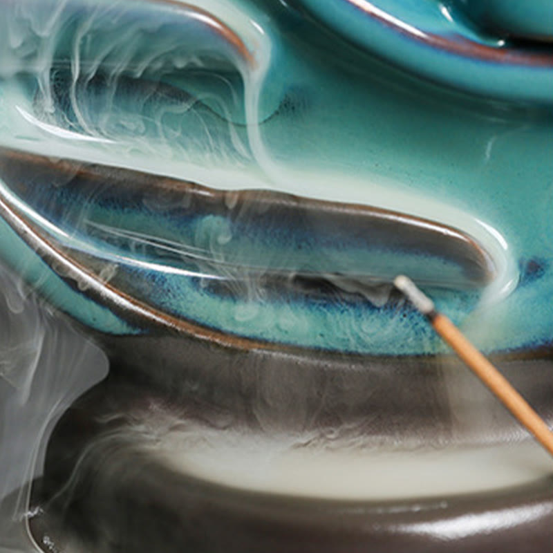 Blue Crescent Moon Ceramic Backflow Smoke Fountain Meditation Candlestick Incense Burner Decoration