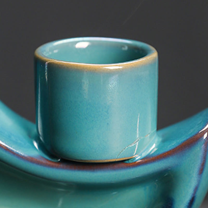 Blue Crescent Moon Ceramic Backflow Smoke Fountain Meditation Candlestick Incense Burner Decoration