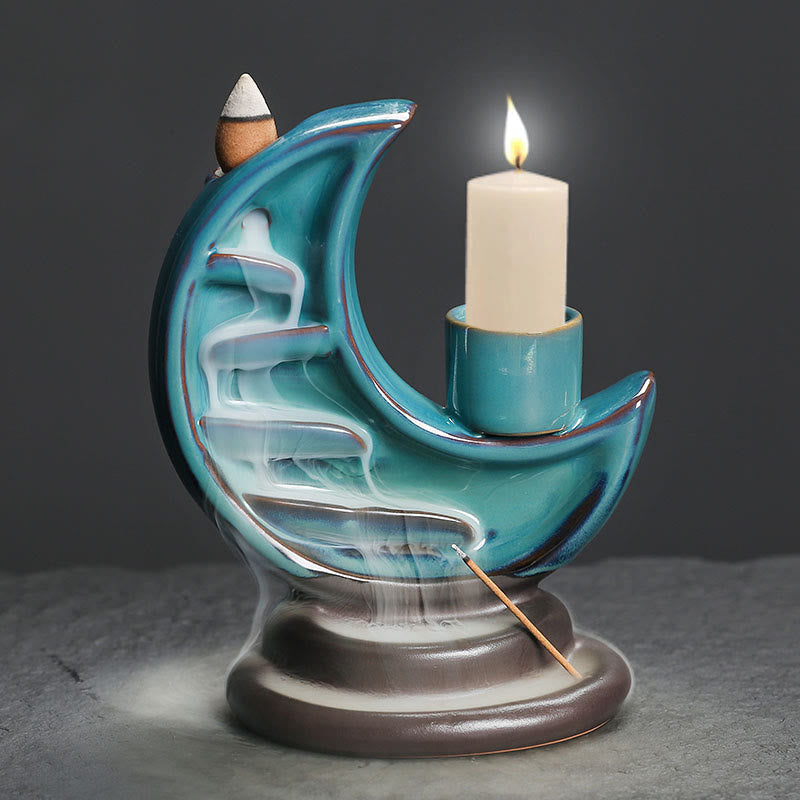 Blue Crescent Moon Ceramic Backflow Smoke Fountain Meditation Candlestick Incense Burner Decoration