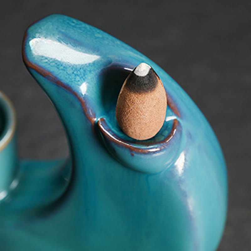 Blue Crescent Moon Ceramic Backflow Smoke Fountain Meditation Candlestick Incense Burner Decoration