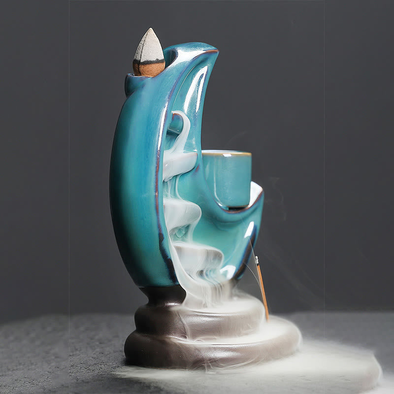 Blue Crescent Moon Ceramic Backflow Smoke Fountain Meditation Candlestick Incense Burner Decoration