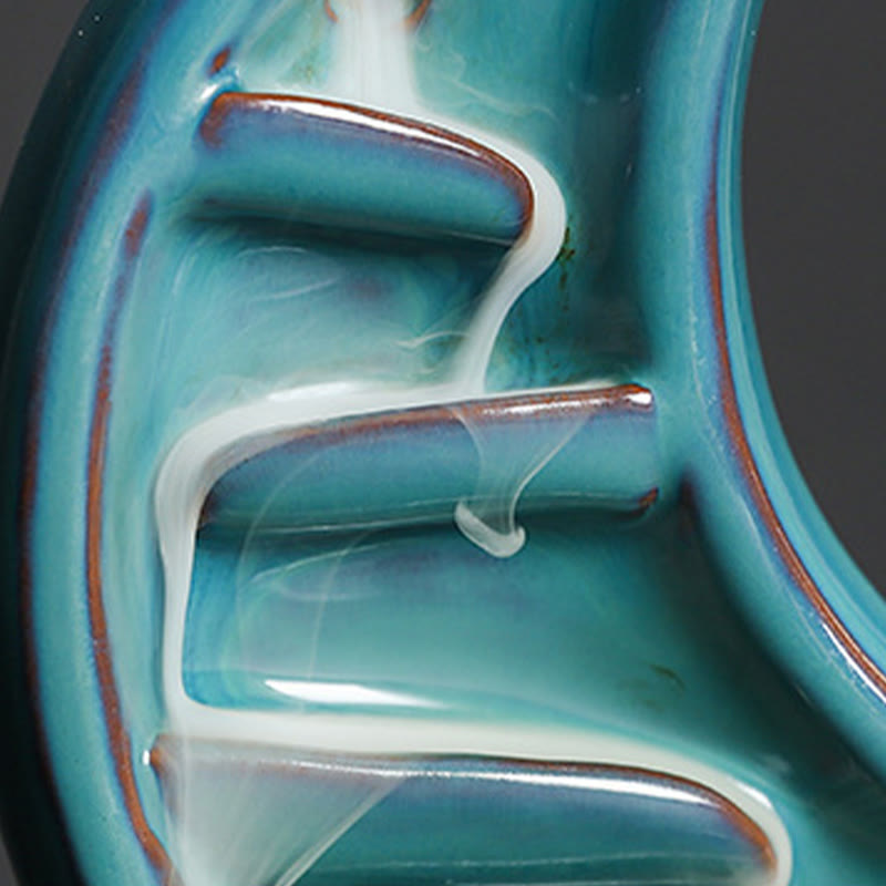 Blue Crescent Moon Ceramic Backflow Smoke Fountain Meditation Candlestick Incense Burner Decoration