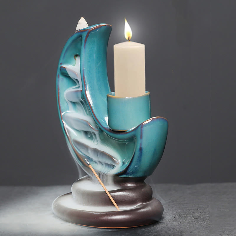 Blue Crescent Moon Ceramic Backflow Smoke Fountain Meditation Candlestick Incense Burner Decoration