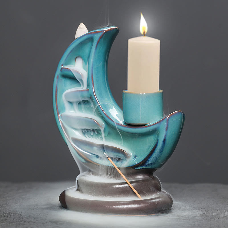 Blue Crescent Moon Ceramic Backflow Smoke Fountain Meditation Candlestick Incense Burner Decoration