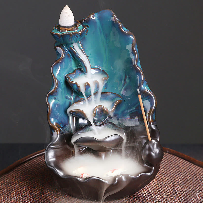 Blue Lotus Leaf Ceramic Backflow Smoke Fountain Spiritual Incense Burner Decoration