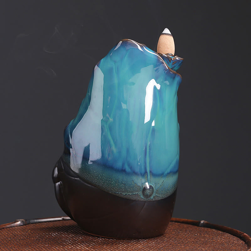 Blue Lotus Leaf Ceramic Backflow Smoke Fountain Spiritual Incense Burner Decoration