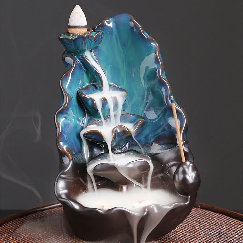 Blue Lotus Leaf Ceramic Backflow Smoke Fountain Spiritual Incense Burner Decoration