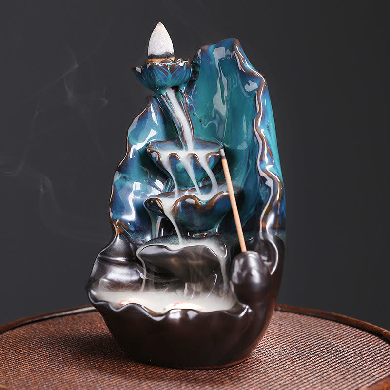 Blue Lotus Leaf Ceramic Backflow Smoke Fountain Spiritual Incense Burner Decoration