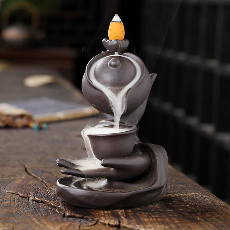 Buddha Hand Holding Teapot Cup Ceramic Backflow Smoke Fountain Incense Burner Decoration