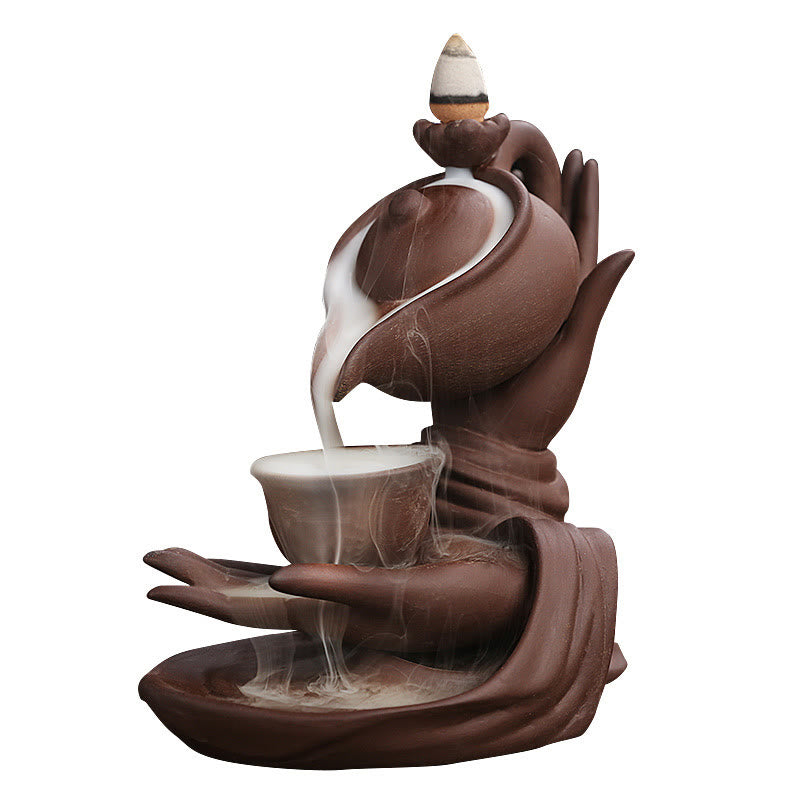 Buddha Hand Holding Teapot Cup Ceramic Backflow Smoke Fountain Incense Burner Decoration