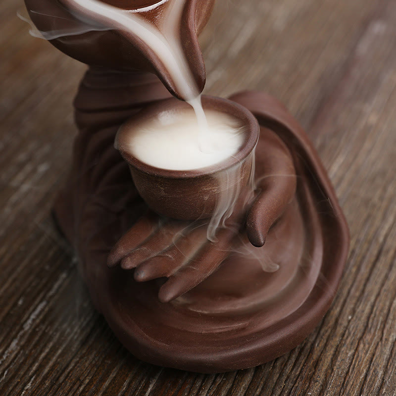 Buddha Hand Holding Teapot Cup Ceramic Backflow Smoke Fountain Incense Burner Decoration