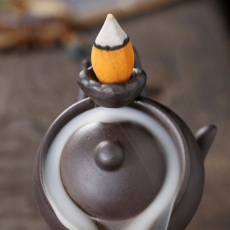 Buddha Hand Holding Teapot Cup Ceramic Backflow Smoke Fountain Incense Burner Decoration