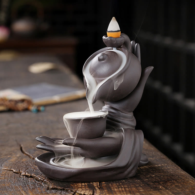 Buddha Hand Holding Teapot Cup Ceramic Backflow Smoke Fountain Incense Burner Decoration