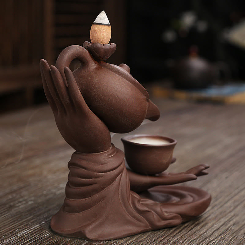 Buddha Hand Holding Teapot Cup Ceramic Backflow Smoke Fountain Incense Burner Decoration
