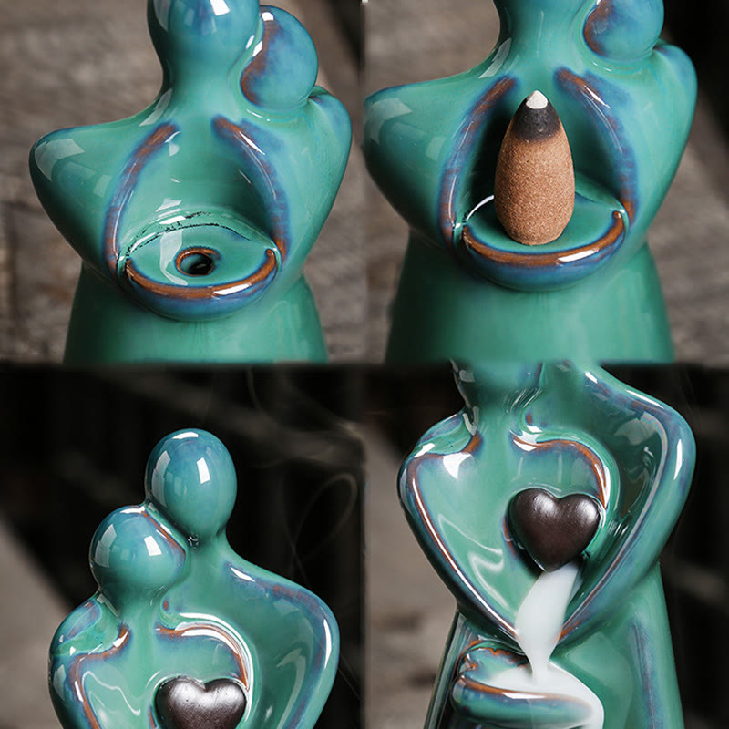 Lovers Couple Embrace Love Ceramic Backflow Smoke Fountain Incense Burner Decoration