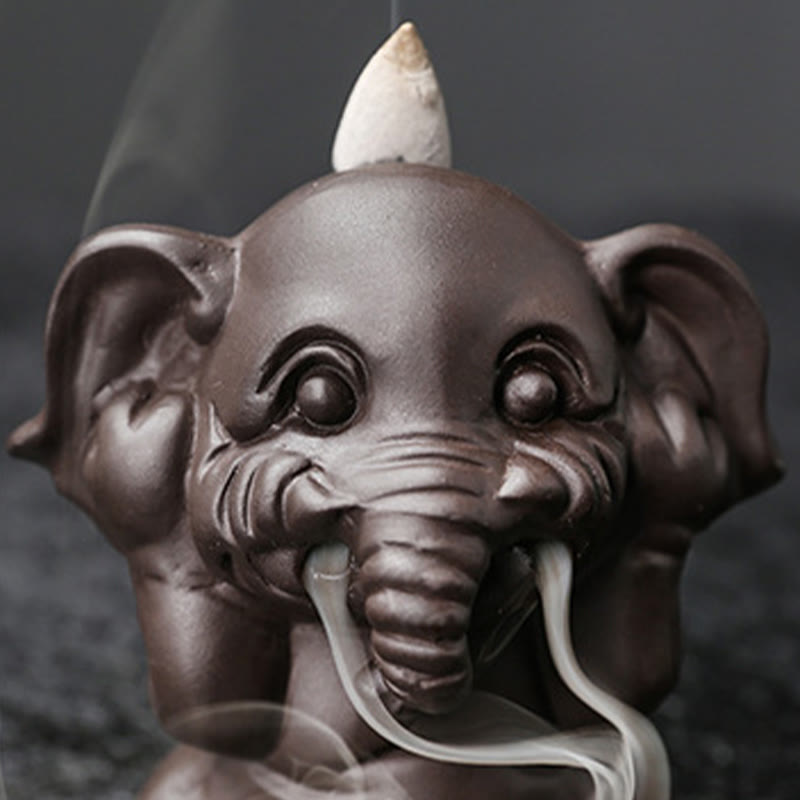 Cute Elephant Purple Clay Backflow Smoke Fountain Peace Incense Burner Decoration