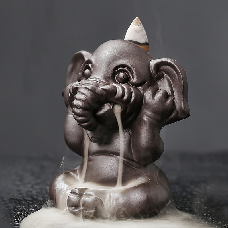 Cute Elephant Purple Clay Backflow Smoke Fountain Peace Incense Burner Decoration