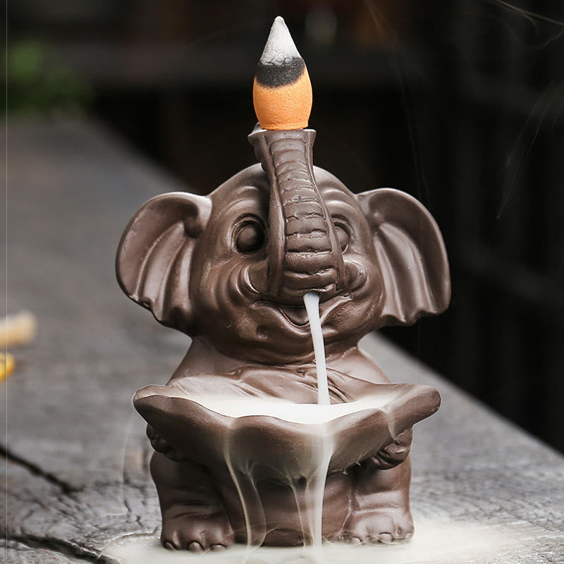 Little Elephant Holding Leaf Purple Clay Backflow Smoke Fountain Incense Burner Decoration