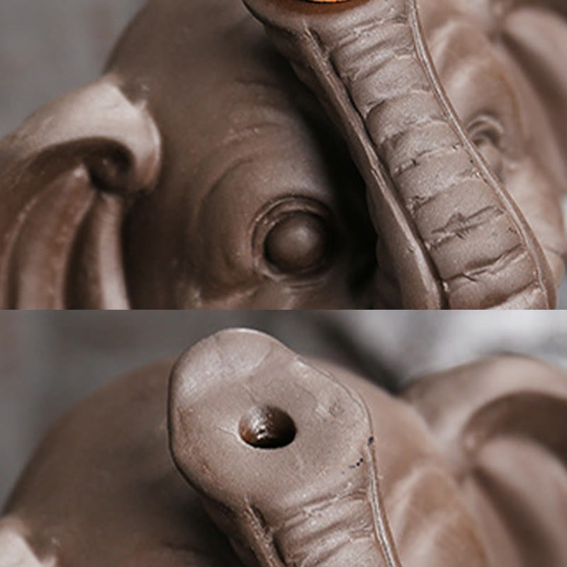 Little Elephant Holding Leaf Purple Clay Backflow Smoke Fountain Incense Burner Decoration