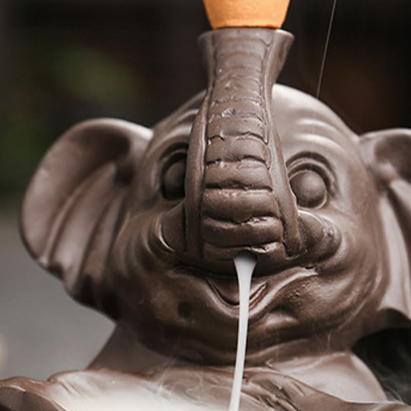 Little Elephant Holding Leaf Purple Clay Backflow Smoke Fountain Incense Burner Decoration