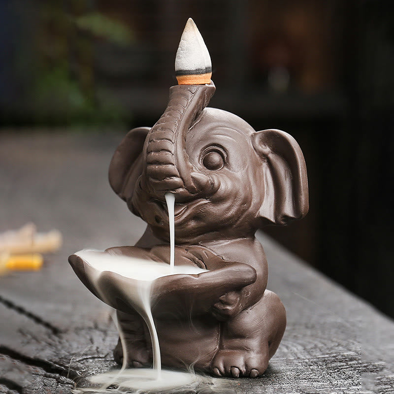 Little Elephant Holding Leaf Purple Clay Backflow Smoke Fountain Incense Burner Decoration
