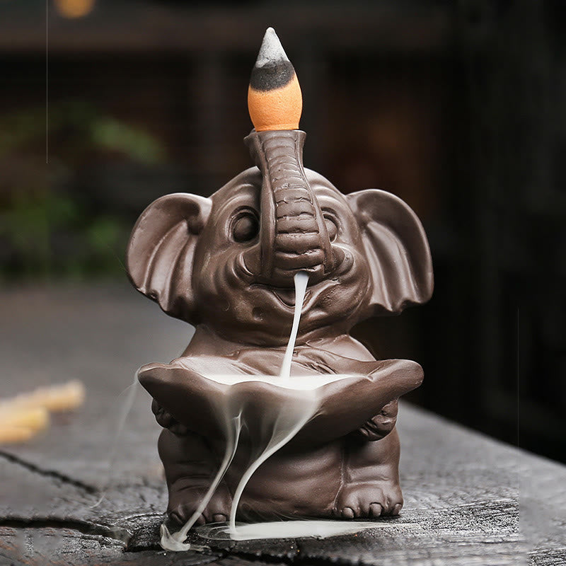 Little Elephant Holding Leaf Purple Clay Backflow Smoke Fountain Incense Burner Decoration