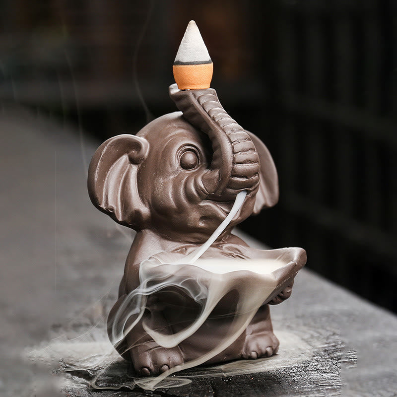 Little Elephant Holding Leaf Purple Clay Backflow Smoke Fountain Incense Burner Decoration