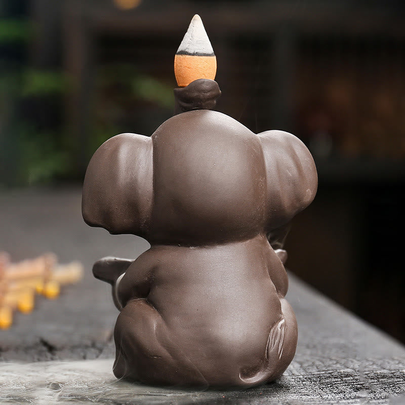 Little Elephant Holding Leaf Purple Clay Backflow Smoke Fountain Incense Burner Decoration