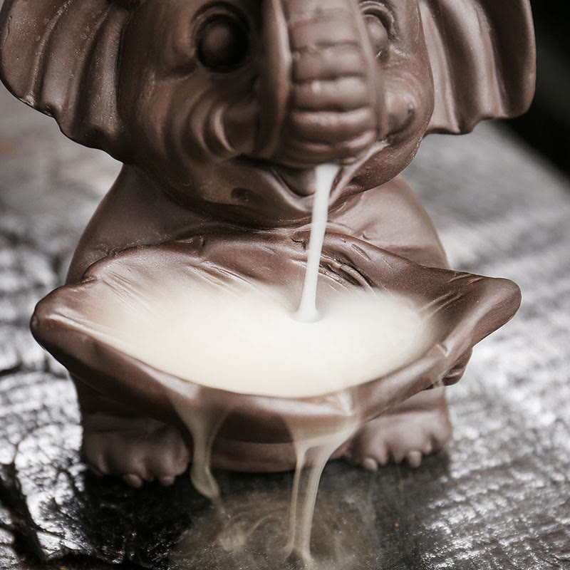 Little Elephant Holding Leaf Purple Clay Backflow Smoke Fountain Incense Burner Decoration