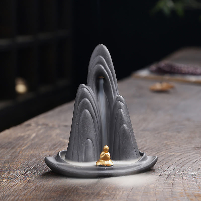 Little Monk Mountains Flowing Water Purple Clay Ceramic Backflow Incense Burner Decoration