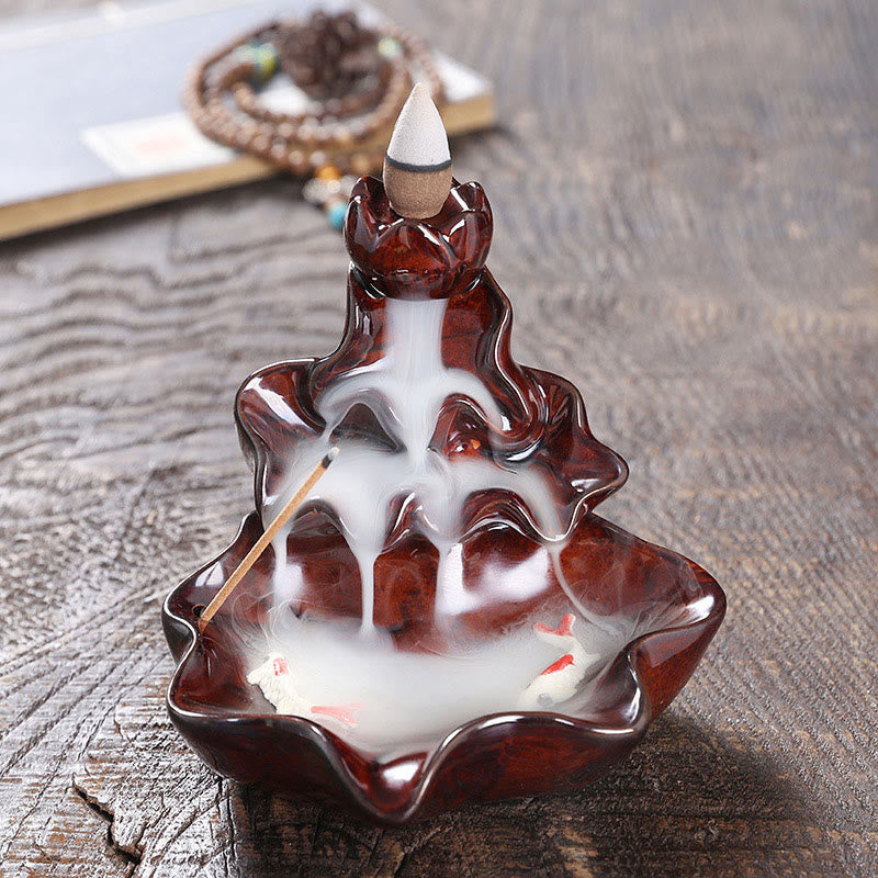Lotus Leaf Koi Fish Ceramic Backflow Smoke Fountain Peace Incense Burner Decoration
