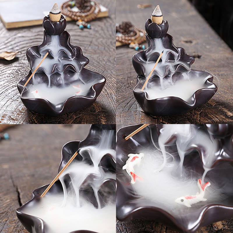 Lotus Leaf Koi Fish Ceramic Backflow Smoke Fountain Peace Incense Burner Decoration