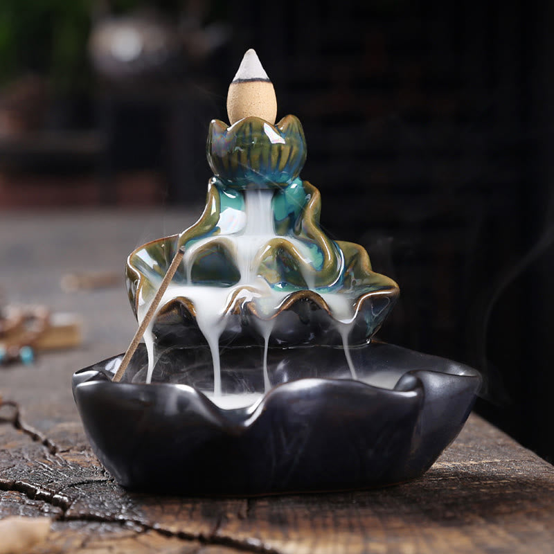 Lotus Leaf Koi Fish Ceramic Backflow Smoke Fountain Peace Incense Burner Decoration