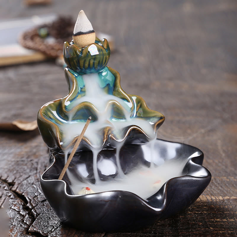 Lotus Leaf Koi Fish Ceramic Backflow Smoke Fountain Peace Incense Burner Decoration