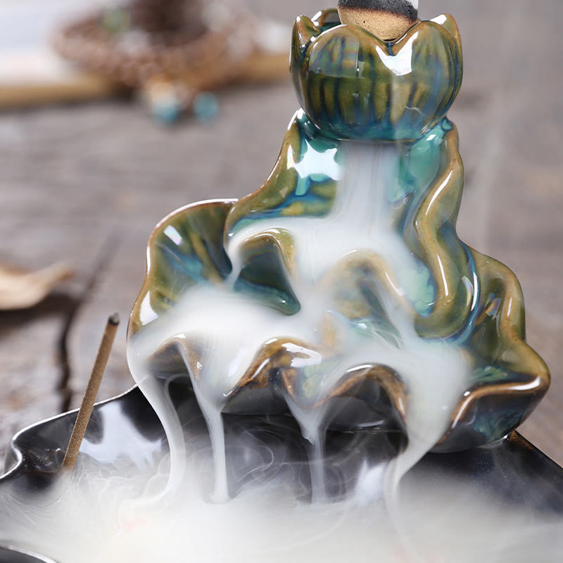 Lotus Leaf Koi Fish Ceramic Backflow Smoke Fountain Peace Incense Burner Decoration