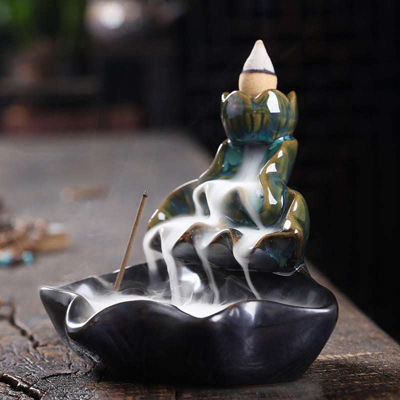 Lotus Leaf Koi Fish Ceramic Backflow Smoke Fountain Peace Incense Burner Decoration