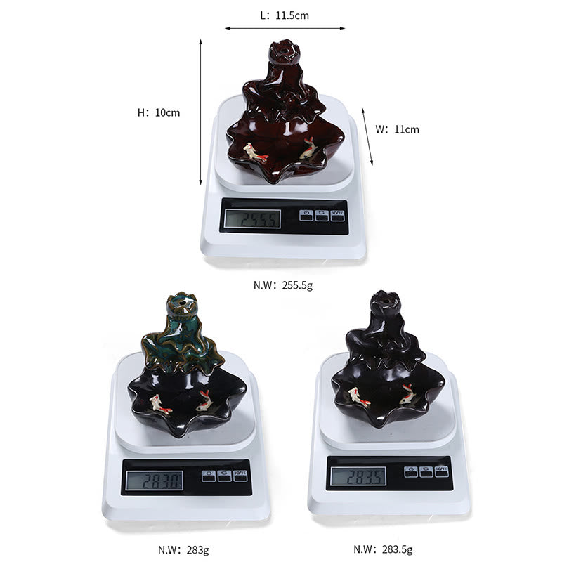 Lotus Leaf Koi Fish Ceramic Backflow Smoke Fountain Peace Incense Burner Decoration