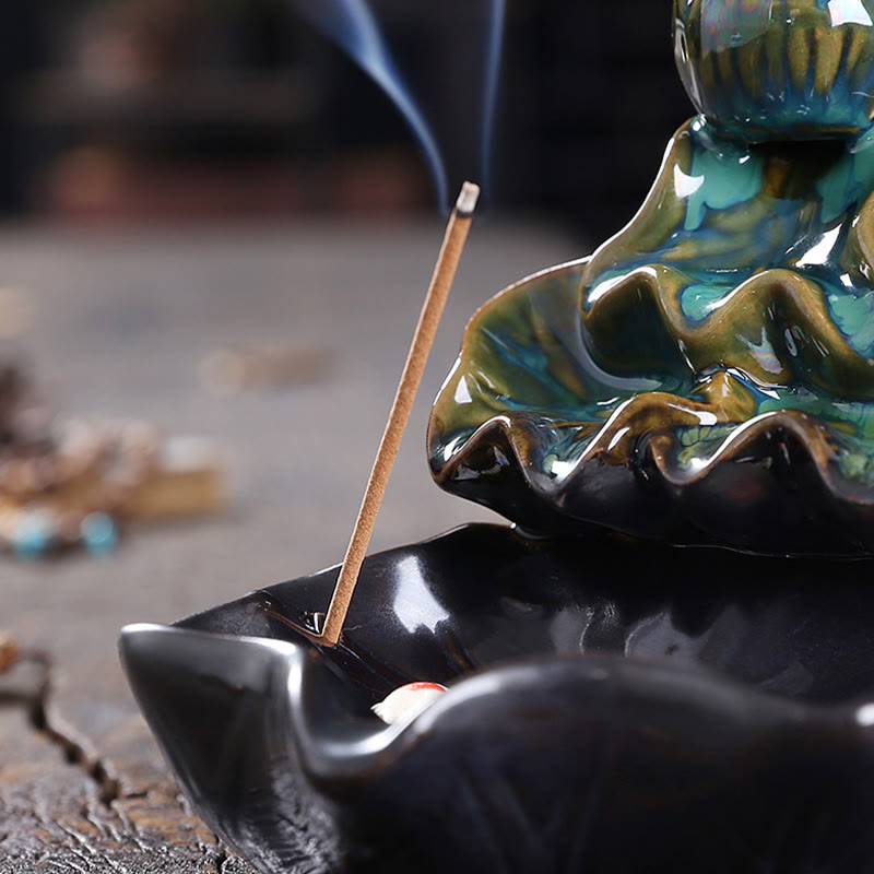 Lotus Leaf Koi Fish Ceramic Backflow Smoke Fountain Peace Incense Burner Decoration