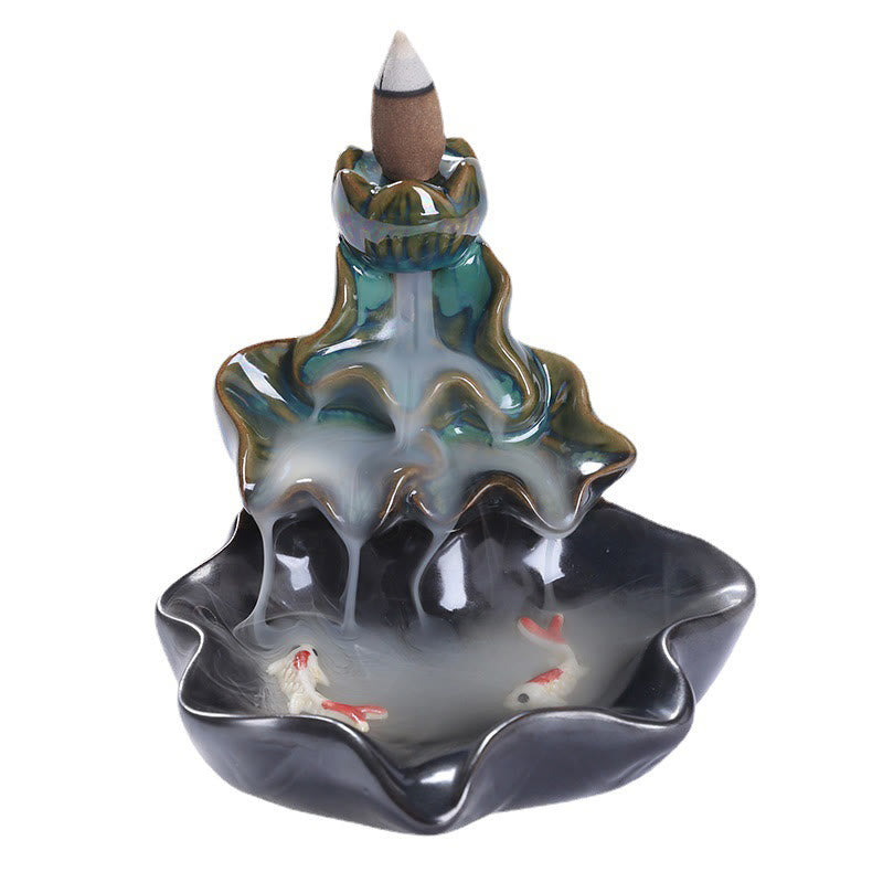 Lotus Leaf Koi Fish Ceramic Backflow Smoke Fountain Peace Incense Burner Decoration