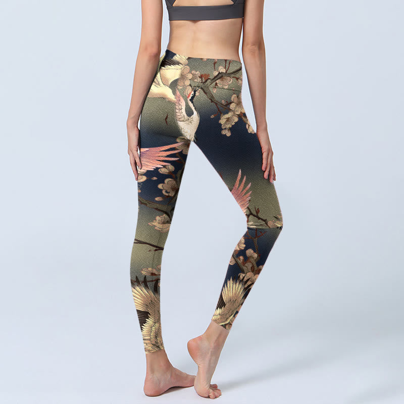 White Crane White Blossoming Branch Print Gym Leggings Women's Yoga Pants