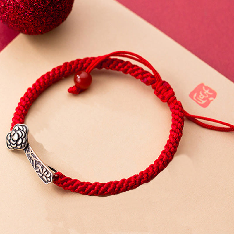 Retro 925 Sterling Silver Ruyi As One Wishes Red String Braided Luck Bracelet