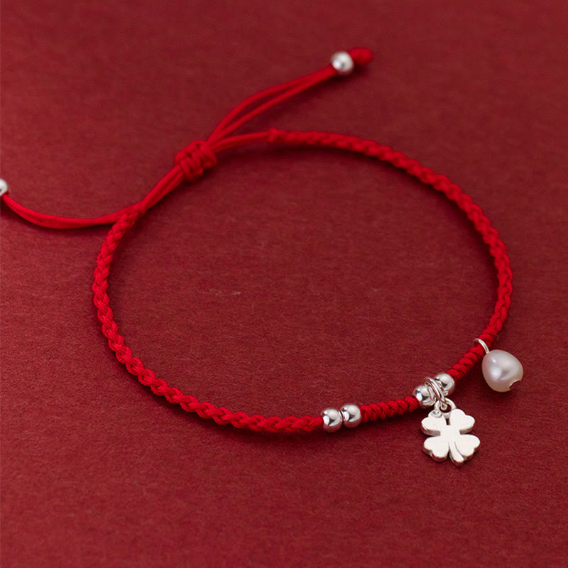 Retro 925 Sterling Silver Four Leaf Clover Pearl Luck Red String Bracelet