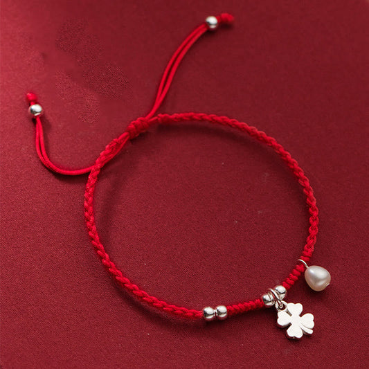 Retro 925 Sterling Silver Four Leaf Clover Pearl Luck Red String Bracelet
